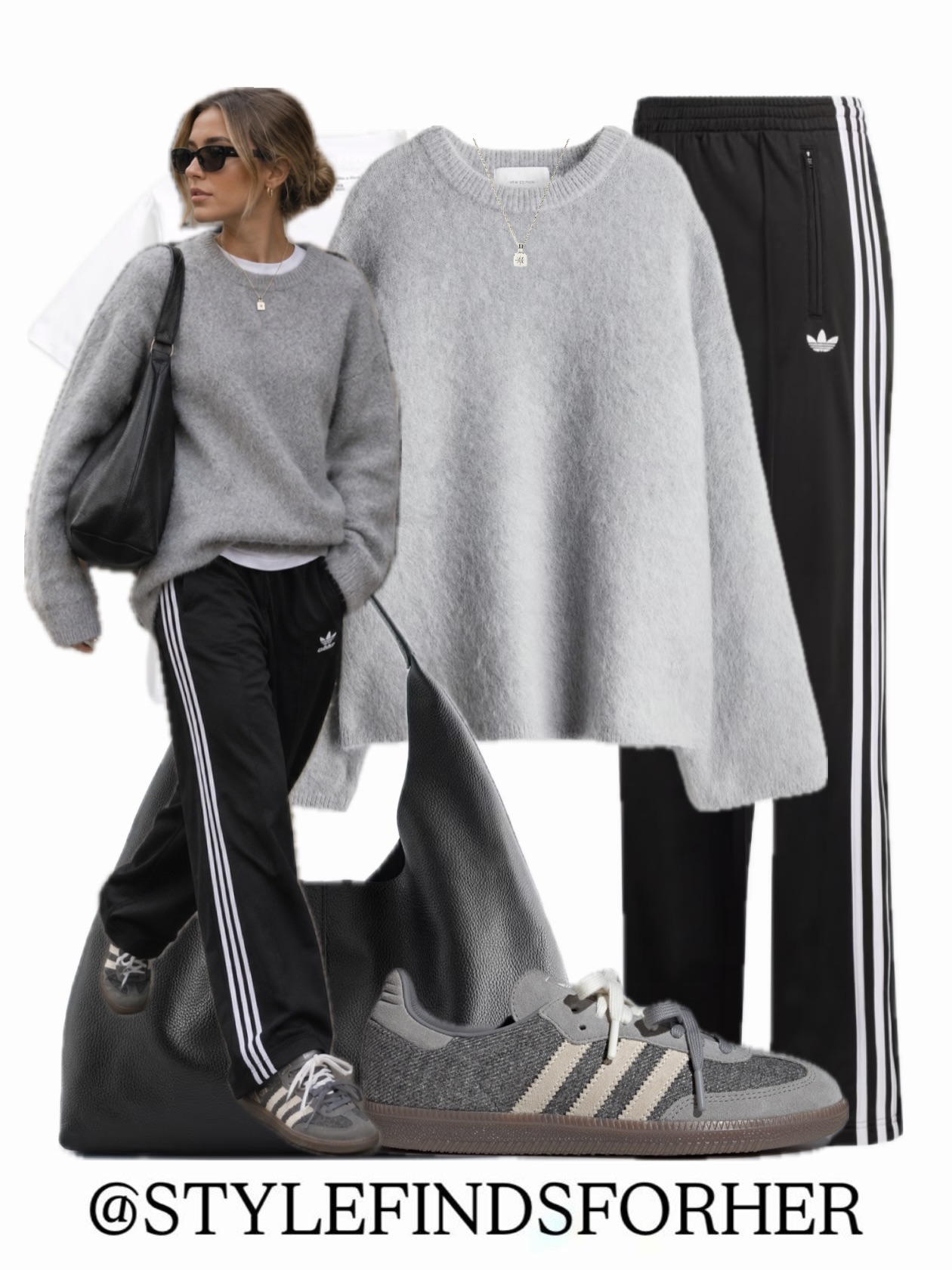 Gray Knitwear and Striped Track Pants: A Relaxed Mix of Textures