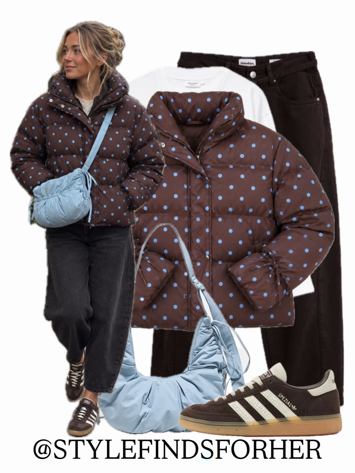 Chocolate Brown and Powder Blue: A Playful Take on Puffer Dressing